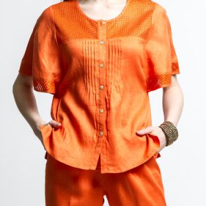 Orange Elegant Paneled Linen Plus Size Blouse