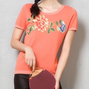 Orange Floral Printed Crew Neck Casual T-Shirt