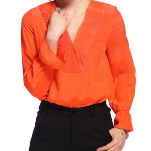 Orange Frill Sleeve Silk Pleated V Neck Solid Blouse