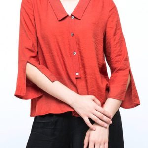 Orange Plain 3/4 Sleeve Cotton-blend Slit Blouse