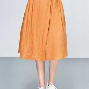 Orange Plain A-line Folds Casual Midi Skirt