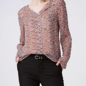 Orange Printed Casual V Neck Silk Blouse