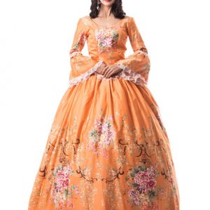 Orange Retro Costumes Victorian Style Set Matte Satin Floral Print Halloween Dress Vintage Clothing