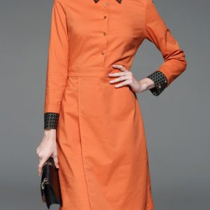 Orange Shirt Collar Long Sleeve Buttoned Midi Dress