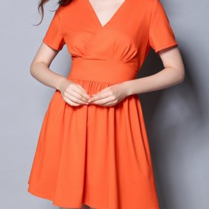 Orange Solid Short Sleeve Surplice Neck Mini Dress