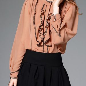 Orange Stand Collar Ruffled Elegant Long Sleeve Blouse With Camis