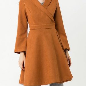 Orange Suede Long Sleeve Surplice Neck Paneled Wrap Dress