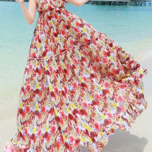 Orange V Neck Girly Floral Chiffon Maxi Dress