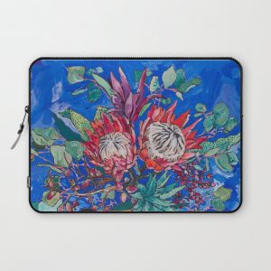 Painterly Bouquet of Proteas in Greek Horse Urn on Blue Computer Cover by Lara Lee Meintjes - Laptop Sleeve - 13"