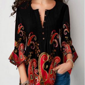 Paisley Print Flare Sleeve Split Neck Blouse - L