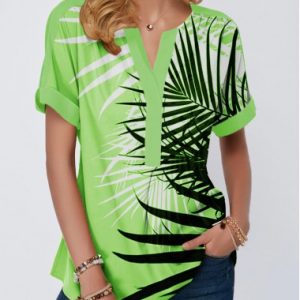 Palm Leaf Print Notch Neck Avocado Green Blouse - XXL