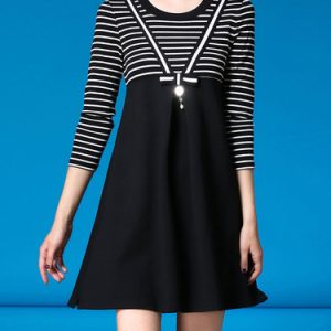 Paneled 3/4 Sleeve Stripes Casual Mini Dress