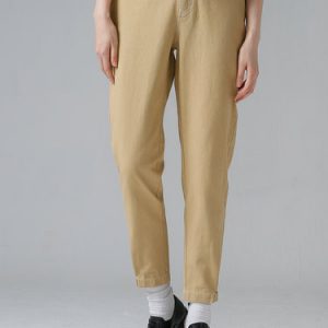 Paneled Cotton Plain Casual Straight Leg Pants