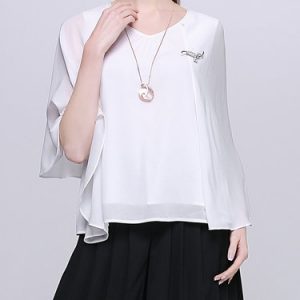 Paneled H-line V Neck Casual Solid Blouse