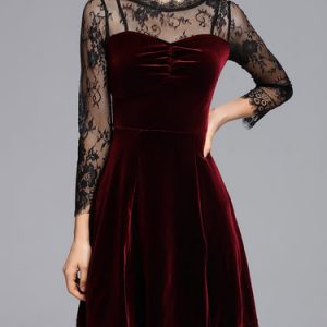 Paneled Long Sleeve Velvet Lace A-line Elegant Mini Dress