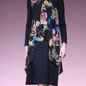 Paneled Vintage Floral Print Stand Collar Long Sleeve Midi Dress