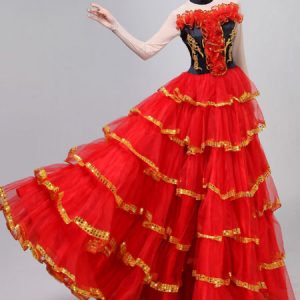 Paso Doble Dance Costumes Red Ruffles Bullfighting Flamenco Dance Dress Layered Performance Costume Halloween