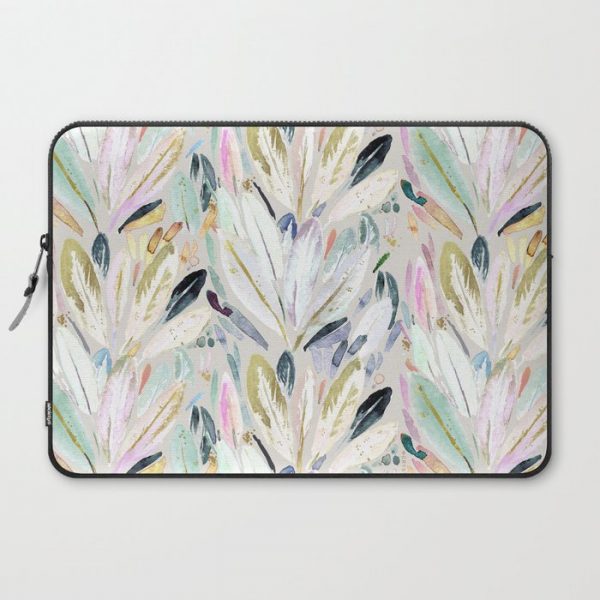 Pastel Shimmer Feather Leaves on Gray Computer Cover by Crystal W Design - Laptop Sleeve - 15"