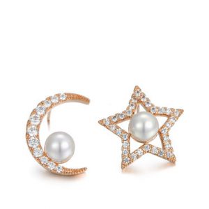 Pearl Star Moon Cubic Zirconia Rose Gold Plated Earrings