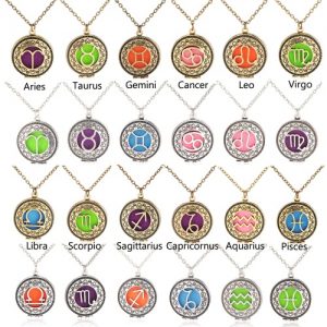 Perfume Essential Oil Diffuser Zodiac Sign Round Pendant Necklace