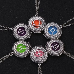 Perfume Essential Oil Diffuser Zodiac Sign Round Pendant Necklace