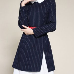 Peter Pan Collar Casual Long Sleeve Stripes A-line Midi Dress with Belt