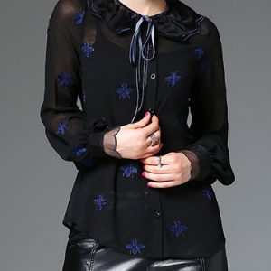 Peter Pan Collar Girly Embroidered Silk Long Sleeve Blouse with Camis