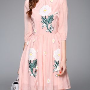 Pink 3/4 Sleeve A-line Floral Stand Collar Midi Dress