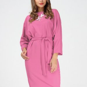 Pink 3/4 Sleeve Solid Midi Dress with Belt