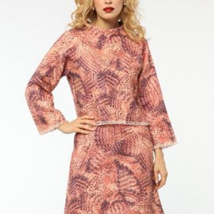 Pink Abstract Long Sleeve Two Piece Hand Made Ratine Mini Dress