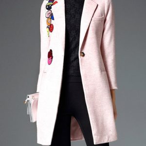 Pink Appliqued Long Sleeve Wool Blend Coat