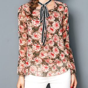 Pink Casual H-line Floral-print Chiffon Blouse