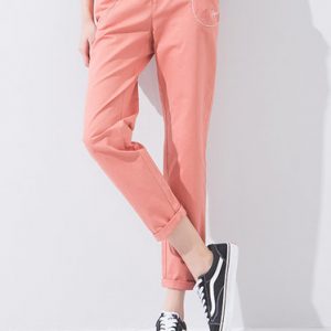 Pink Casual Plain Cotton Pockets Straight Leg Pants