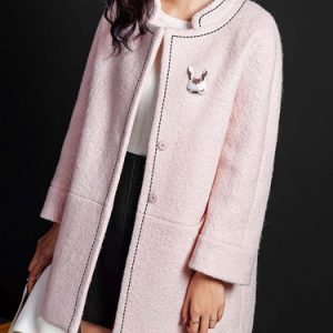 Pink Casual Wool Blend H-line Stand Collar Coat