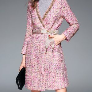 Pink Chain-trimmed A-line Elegant Tweed Coat With Belt