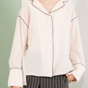 Pink Color-block Casual Shirt Collar Polyester Pajamas Style Blouse