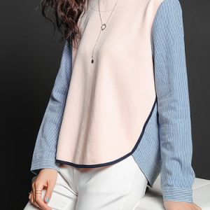 Pink Color-block Long Sleeve Crew Neck H-line Blouse