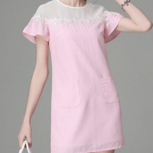 Pink Crew Neck Girly H-line Paneled Mini Dress