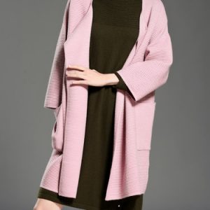 Pink Crew Neck Pockets Casual Plain Ribbed Coat