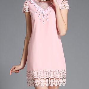 Pink Crew Neck Short Sleeve Beaded Mini Dress