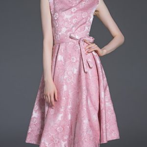 Pink Crew Neck Sleeveless Jacquard Midi Dress