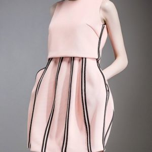 Pink Crew Neck Sleeveless Stripes Mini Dress