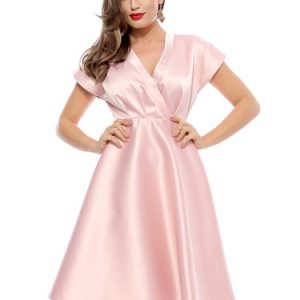 Pink Elegant Surplice Neck Pockets Tafett Midi Dress