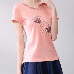 Pink Embroidered Casual Spandex T-Shirt