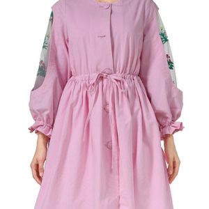 Pink Embroidered Drawcord Balloon Sleeve Midi Dress