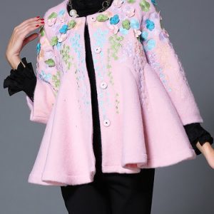 Pink Embroidered Wool Blend Long Sleeve Floral Coat