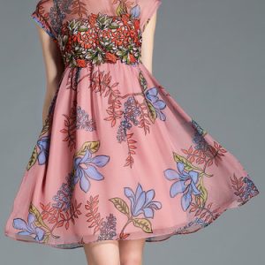 Pink Floral Polyester Printed Short Sleeve Mini Dress