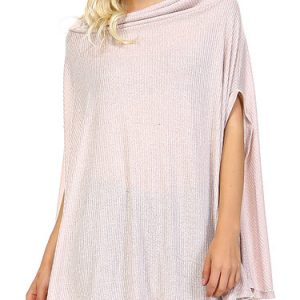 Pink H-line Knitted Cowl Neck Short Sleeve Poncho And Cape