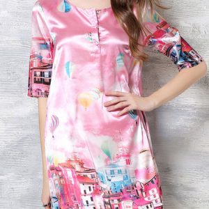 Pink H-line Printed Crew Neck Half Sleeve Mini Dress