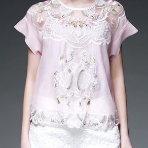 Pink H-line Short Sleeve Floral Polyester Short Sleeved Top